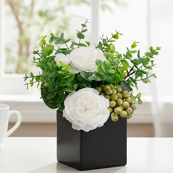 LADADA Artificial White Peony Flowers with Eucalyptus and Green Berries in Black Square Vase - Fake Floral Arrangement for Home Decor, Table Centerpiece, Bathroom, Office, Wedding, Minimalist Decor