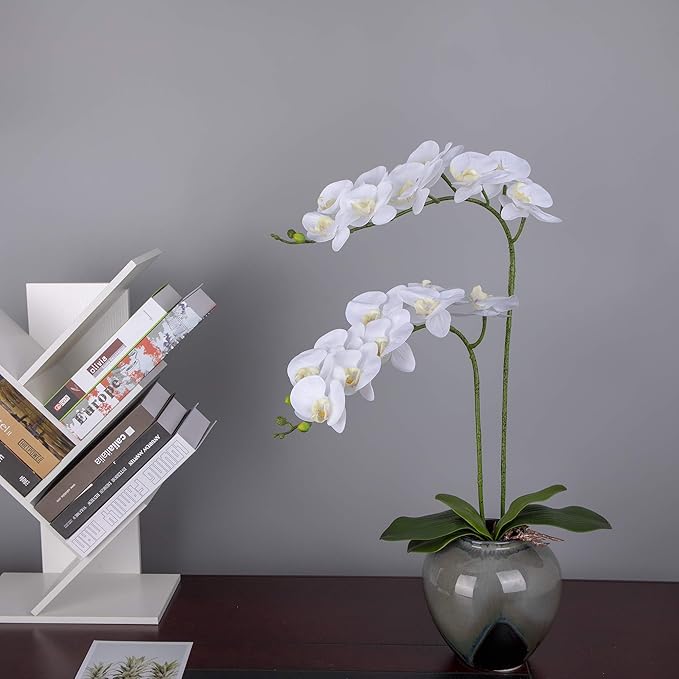 Fnize Orchid Stems Artificial Flowers Real Touch Latex Faux Phalaenopsis Branches 9 Large Blooms 38 Inches 2pcs White