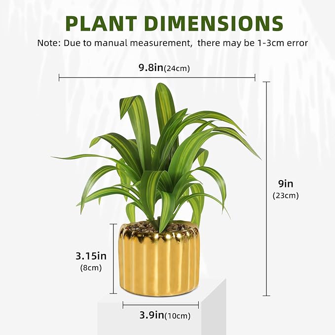 9" Artificial Dracaena Plant with Textured Leaves Golden Ceramic Pot Realistic Faux Greenery Fake Potted Plant Indoor Outdoor Home Decor for Living Room Office Garden Table Centerpiece
