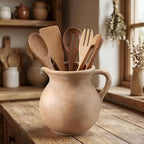 Potchen Rustic Kitchen Utensil Holder with Handle,7.48" H Ceramic Vintage Utensil Crock for Countertop, Farmhouse Kitchen Decoration Ceramic Pot for Spatulas Spoons Tongs(Classic,Antique Beige)