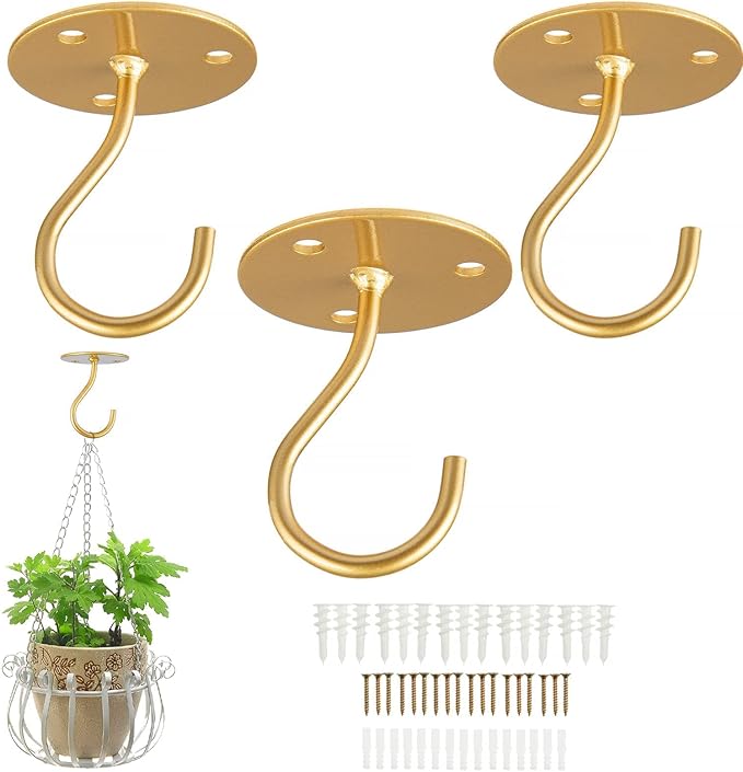 Ceiling Hooks for Hanging Plants-Metal Heavy Duty Wall Mounted Hangers for Hanging Bird Feeders, Planters, Wind Chimes, Include Professional Drywall Anchors (3-Pack) (Gold)