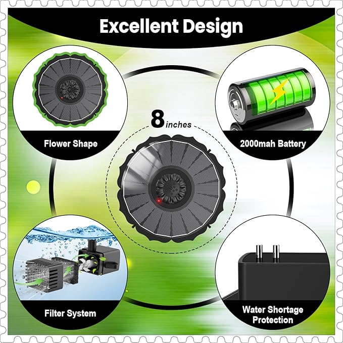 Yzert Solar Fountain with 2000mAh Battery & Innovative Indicator Works in Cloudy Day, 3.5W 2026 Glass Solar Water Fountain Pump Flower Shape with 7 Nozzles for Bird Baths, Ponds, Outdoors (Black)