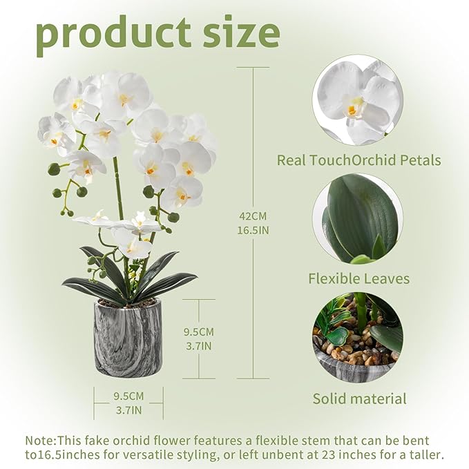 White 16.5'' Fake Orchids Flowers in Pot Bendable Faux Orchids Artificial Flowers Washable Silk Orchid Phalaenopsis Decor for Home Wedding Table Centerpiece Bathroom Office