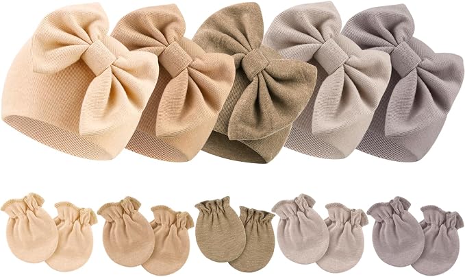 BQUBO Newborn Baby Girls Hats Mittens Set Hospital Hat Beanie Infant Bow Hats Baby Cotton Gloves for 0-6 Months