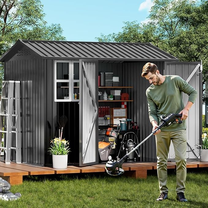 COMHOMA Shed Storage Outdoor Metal Windowed Lockable Garden Toolhouse Weatherproof Ventilated Backyard Utility Workshop(Grey,8'x6')