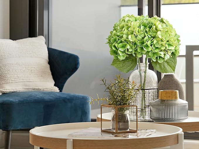 ZYTUYO 4PCS Green Fake Real Touch Hydrangea Flowers 20'' Lifelike Latex Artificial Hydrangeas for Spring Home Decor Outdoor Garden Porch Indoor Bathroom Living Room Kitchen Table Centerpiece
