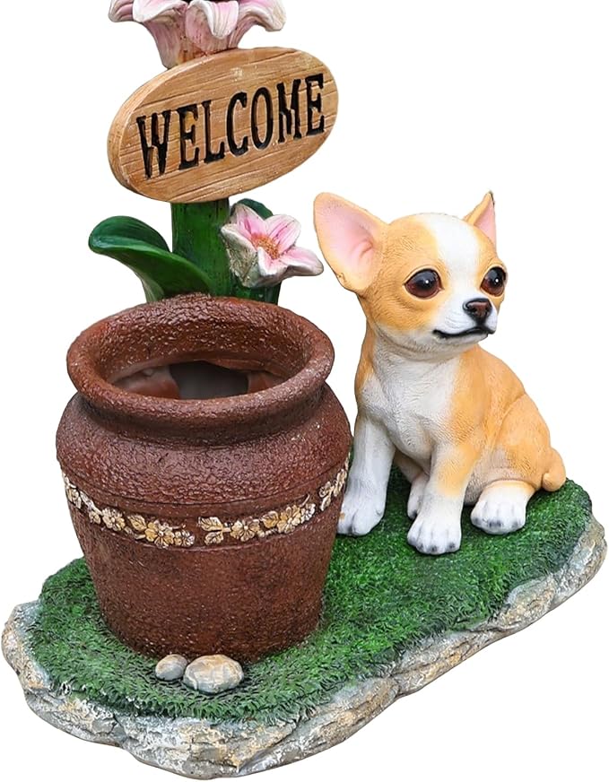 Animal Outdoor Statue Planter Solar Light Welcome Garden Sculpture Resin Flower Pot Decorative Porch Patio Yard Lawn Entryway Figurine with LED Lamp Rustic Plant Holder Ornament Courtyard (P)