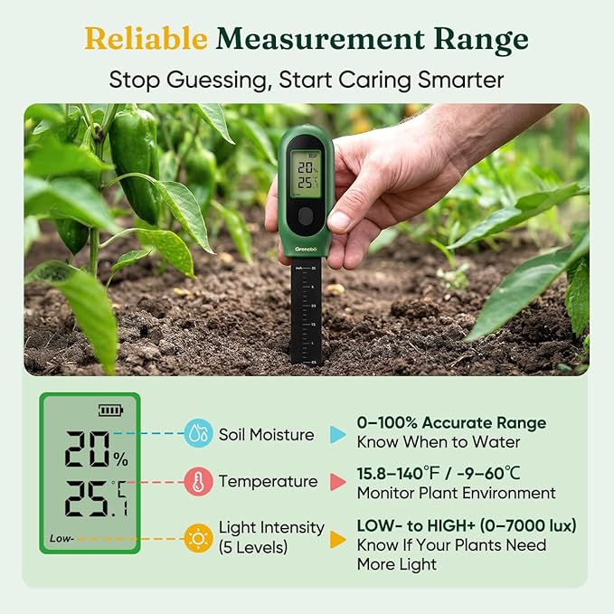 3-in-1 Soil Moisture Meter, Digital Plant Water Meter, Temperature & Sunlight Intensity Sensor, LCD Display Soil Tester for Gardening, Farming, Plant Care, Indoor & Outdoor Plants, 2 Pack