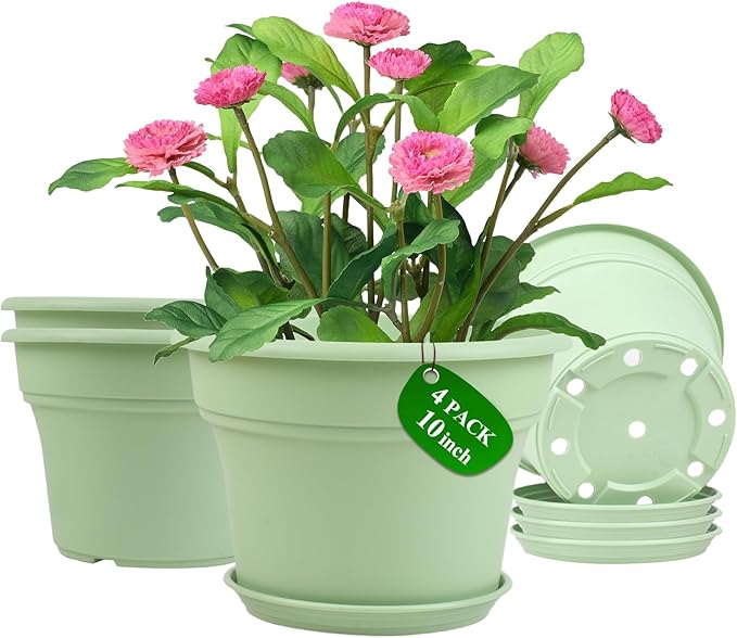Pottiffe 10 Inch Plastic-Flower-Pot-for-Indoor-Plants, 4 Pack Large Outdoor Planter Pot with Drainage Holes & Saucers, Resin Decorative Garden Pots Planters