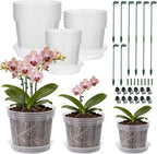 LUCKJUJU 12 Sets Orchid Pot with Holes, 4, 5, 6 Inch Clear Plastic Plant Pot with Saucers, Plant Stakes, Clips, Orchid Pots with Drainage for Repotting for Indoor Outdoor Plants