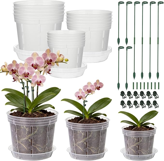 LUCKJUJU 12 Sets Orchid Pot with Holes, 4, 5, 6 Inch Clear Plastic Plant Pot with Saucers, Plant Stakes, Clips, Orchid Pots with Drainage for Repotting for Indoor Outdoor Plants