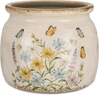 Vintage Large Ceramic Planter with Butterfly Bliss Pattern Warm Yellow Ice Crack Finish Antique Cottage Flower Vase Pot for Indoor Plants Farmhouse Home Kitchen Office Decor