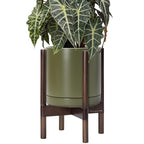 D'vine Dev Ceramic Planter with Walnut Color Stand - 10 Inch Modern Round Flower Pot with Wood Planter Holder, Olive, 55-B-X-J