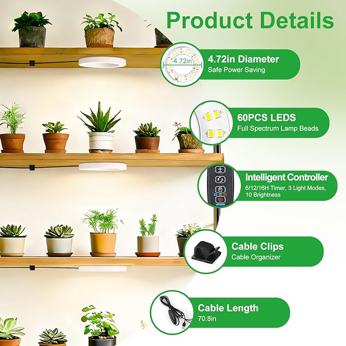 4.72in Indoor Plant Grow Lights, Full Spectrum Grow Lamp, Warm+White LEDs Plant Growing Light for Cabinets and Plant Shelf, with 6/12/16H Timer, 3 Lighting Modes, 10 Brightness Levels, 2 Head
