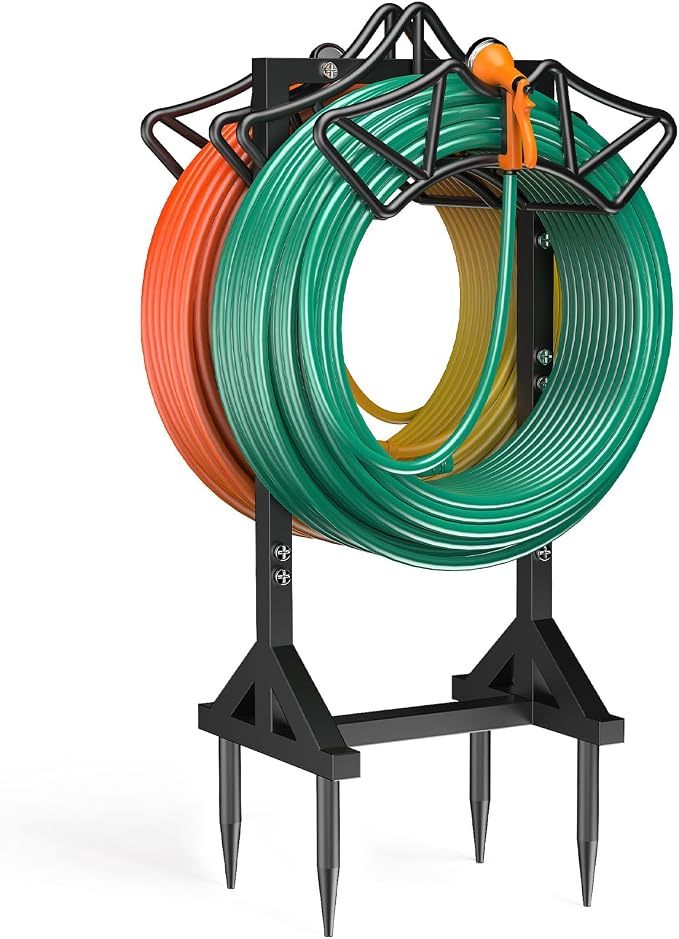 Garden Hose Holder Holds 2 * 160Ft Hoses, Heavy-Duty Freestanding Hose Holder with 4 Spikes, Rustproof Freestanding Hose Stand Water Hose Hanger Storage Hose Rack for Outside, Yard, Lawn, Farm