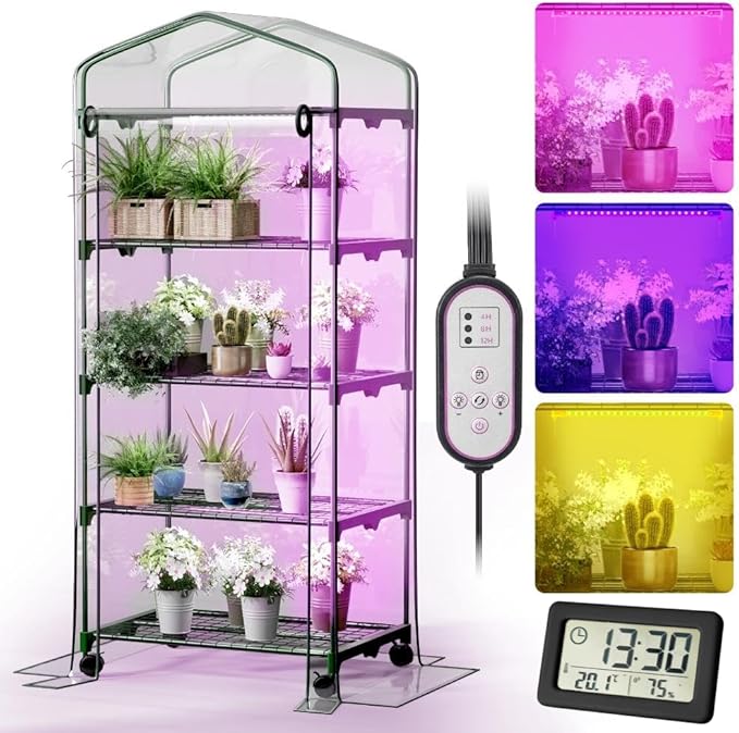 Indoor Greenhouse with Grow Lights & Wheels, 4 Tier Wire Shelf PVC Tent Portable Mini Green House Cabinet Kit for Plant Seed Starting Mushroom Grow