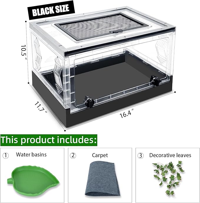 Foldable Reptile Terrarium with Sliding Door Portable Spider Enclosure, Lizard Cage, Plastic Habitat for Tarantula, Tree Frog, Leopard Gecko, Snake, Hermit Crab Ventilated Terrarium Starter Kit Black