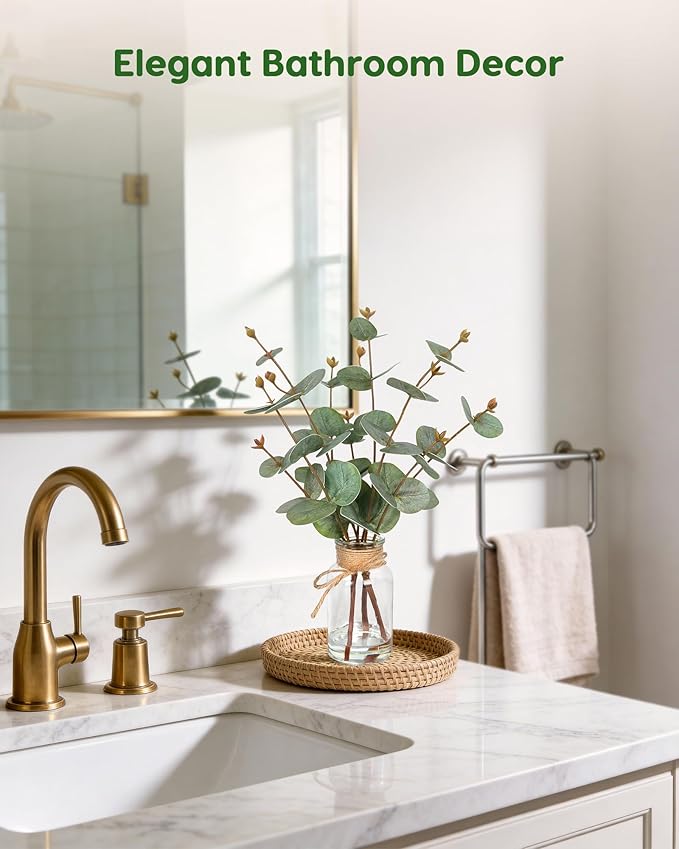 Velener Faux Eucalyptus Stems in Vase with Faux Water, Fake Plants Artificial Eucalyptus Plant for Home Decor, Kitchen Bathroom Farmhouse Living Room Coffee Table Faux Centerpieces for Tables Green