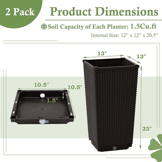 Giantex Set of 2 Outdoor Wicker Flower Pot, 23 Inch Tall Planters with Drainage Hole, Self-Watering Tray, Rattan Flower Pots, Indoor Outdoor Decoration for Front Porch Balcony Entryway (Dark Brown)