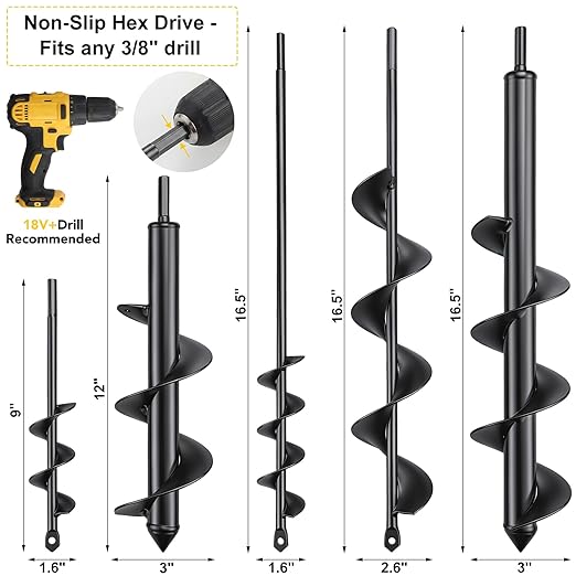 Auger Drill Bit for Planting Set of 5, 1.6x9 & 1.6x16.5 & 2.6 * 16.5" & 3 * 12" & 3 * 16.5" - Compatible with 3/8" Hex Drive Drill for Planting Bulbs, Bedding Plants, Post Holes, Mixing Soil
