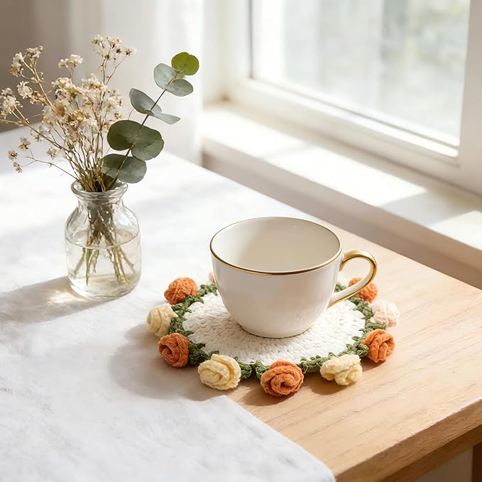 Handmade Crochet Orange Rose Coaster, Realistic Mini Flower Pot Holder, Washable Cotton Yarn Table Decoration, Multi-Purpose Mat for Cup & Mug, 2 x 2 x 3.5 inches