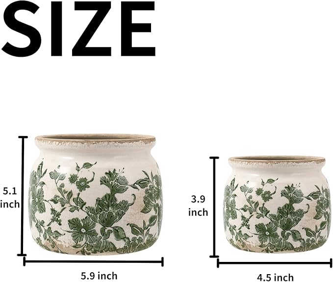 Vintage Ceramic Planters with Drainage Hole, Floral Plant Vases for Indoor Greenery, Tuscan Gardening Decor, Green Ceramic Planters for Christmas & Home Decor(2 Pcs)