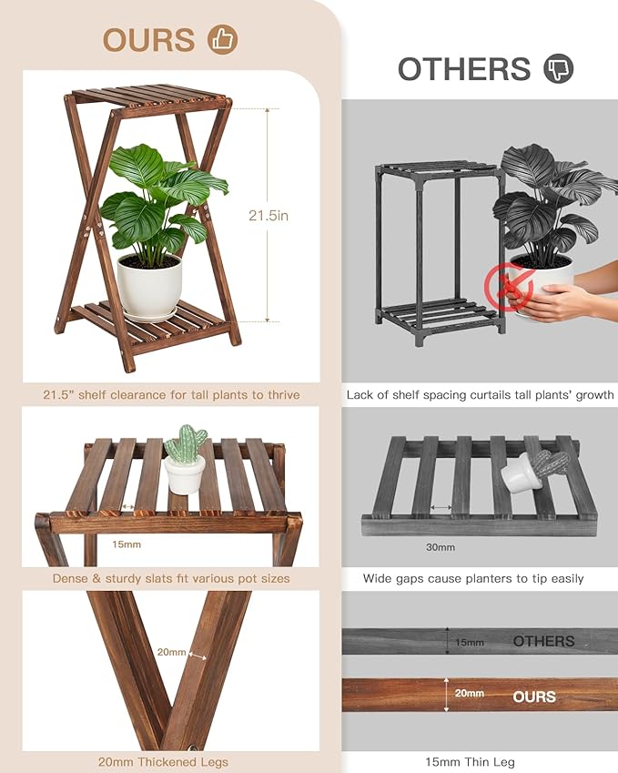 Plant Stand Indoor,Wooden 2 Tier Plant Stands,Corner Square Plant Shelf,Rustic Flower Stand Tall Plant Holder for Living Room Bedroom Balcony Office