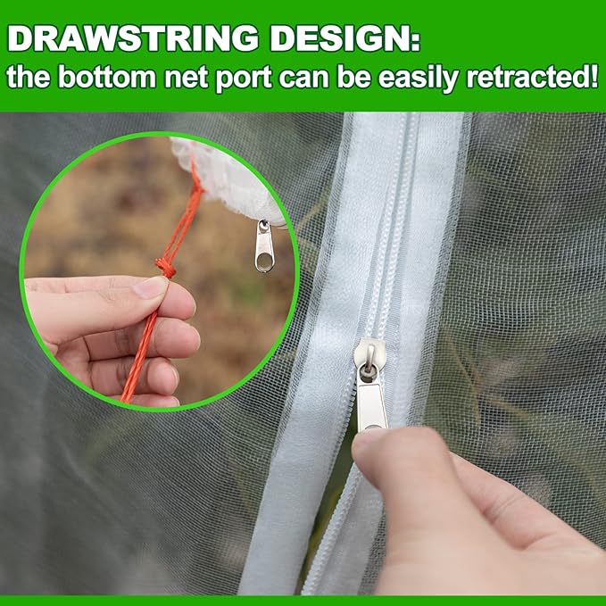 Bird Barrier Netting Mesh, Garden Netting with Zipper and Drawcord, 7.9 FT Long, 5.9 FT Wide, Plant Protection Net for Protect Plant Fruit Flower from Insect Bird