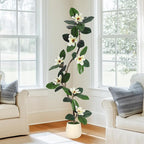 5ft Artificial Rubber Tree with 7 Pcs Magnolia Flowers,Tall Fake Tree with White Planter and Moss Decor,Faux Plants Indoor for Home Living Room Porch Decor