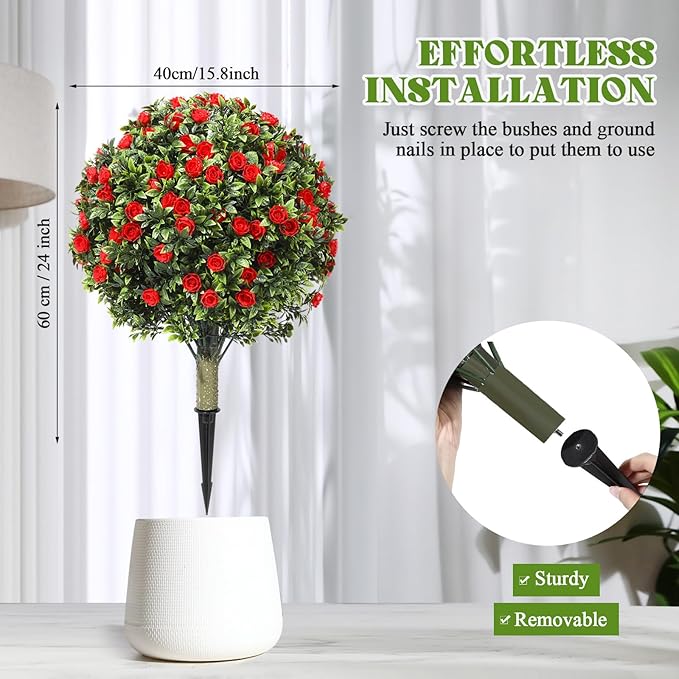 Lunmon 2 Pack 24" Artificial Topiary Ball Plants Trees with Flowers, Outdoor Fake Topiary Plants with Ground Spike, UV Resistant Faux Bushes for Indoor Outdoor Front Door Decor(Red,Rose)