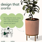 Veradek Demi Series Round Planter w/Stand for Porch/Patio | Durable Plastic-Stone Composite & Wooden Stand | Modern Décor for Tall Plants, Flowers