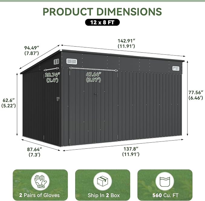 Aoxun 12'x7.3' Outdoor Storage Shed with Triple Lockable Door, Metal Storage Shed with Slopping Roof for Tools Bicycles Storage in Garden, Backyards, Black