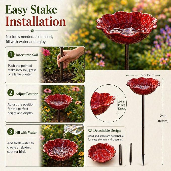 Handmade Metal Flower Garden Stake Metal, Decorative Bird Bath and Bee Watering Station with Flower Design for Outdoor Yard Garden Decor (Yellow)