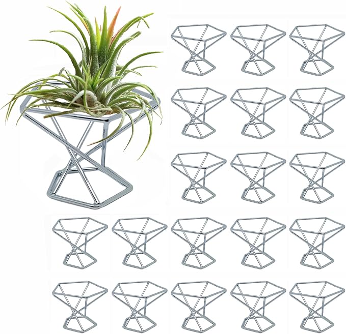 20 PCS Air Plants Holders Unique Geometric Metal Plant Stands Airplants Container Live Air Fern Display Racks Small Decor Items for Shelf (Silver)
