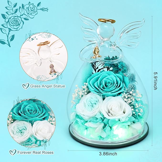 FIACO Gifts for Women Birthday Preserved Rose Forever Flower in Glass Angel Figurines Fresh Flowers for Delivery Prime for Mom Real Roses for Grandma Sister Wife Her from Daughter