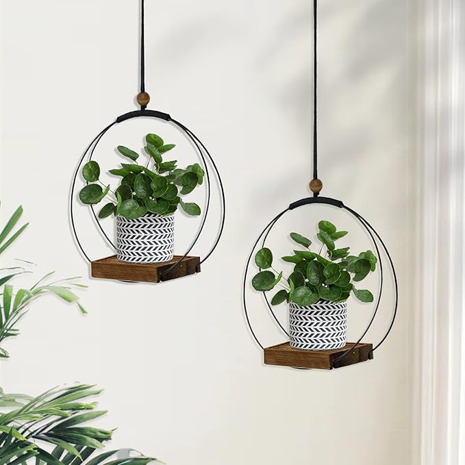 hismocal 2 Pack Hanging Planter for Indoor Plants, Black Plant Hanger with Sturdy Wood Base, Modern Boho Macrame Hanger, Wall Ceiling Window Planter (Plants/Pots Not Included)