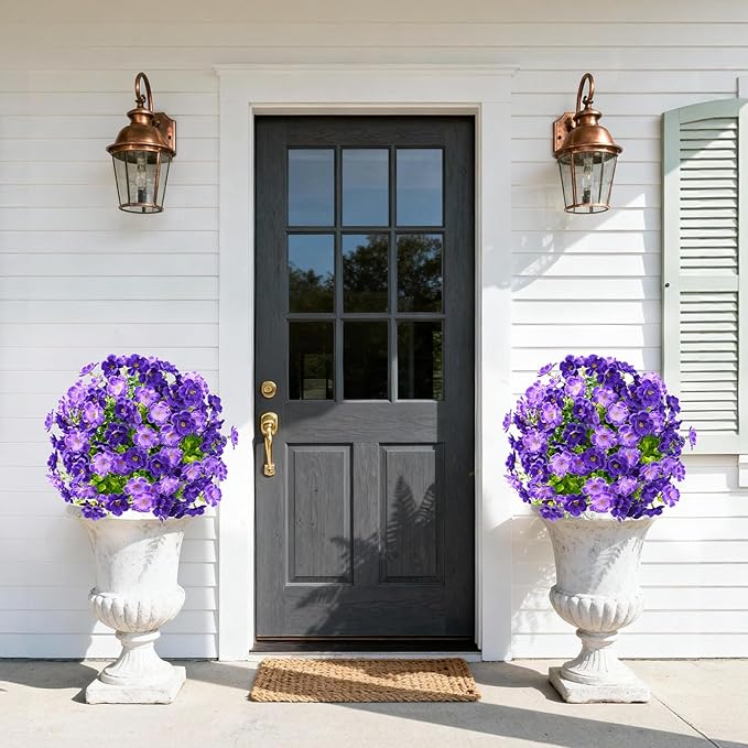Waipfaru Set of 2 Artificial Boxwood Topiary with Colorful Flowers, 23" UV Resistant Fake Bushes Faux Outdoor Plants, Artificial Shrubs with Ground Spike for Outdoor Garden Front Porch(Purple)