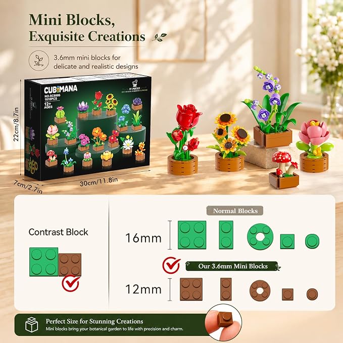 CUBIMANA 18 Unique Flowers Botanical Collection Mini Building Set, Tiny Flowers, Succulents & Plants with 3.6mm Mini Blocks, Desk Decor for Home Office, Relaxing DIY Gift for Women Adults Kids 12+