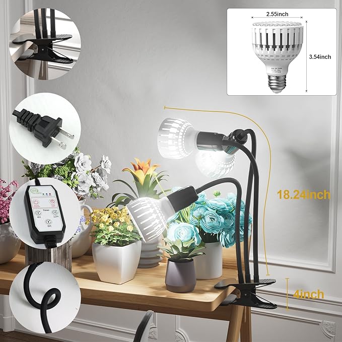 GooingTop Grow Light,24W (160Watts Equiv) 5000K White Full Spectrum LED Growing Lamp Clip on Desk for Indoor Plants,Bulbs Replaceable & Non-dimmable (Black, 240W)