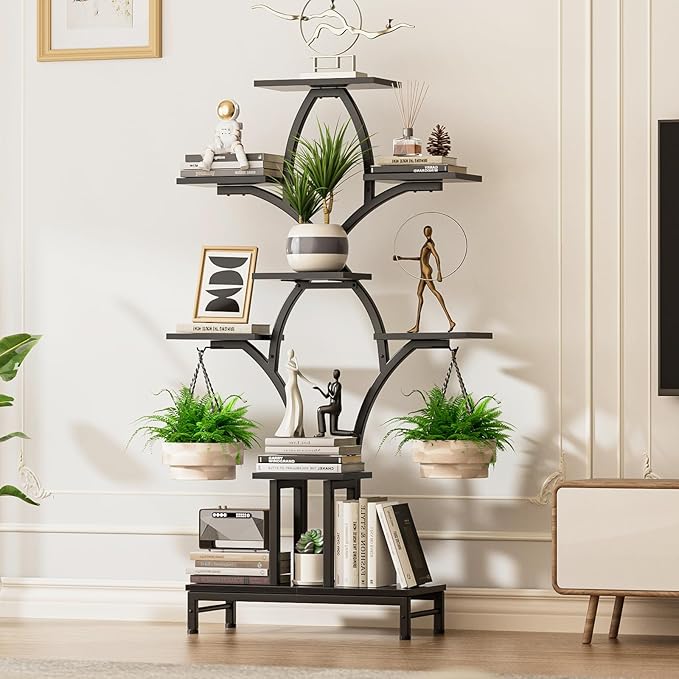 Plant Stand Indoor with 4 Grow Lights - 63" Tall Plant Shelf- 8 Tiered Corner Plant Flower Stands Display Shelves for Home, Patio (Black)