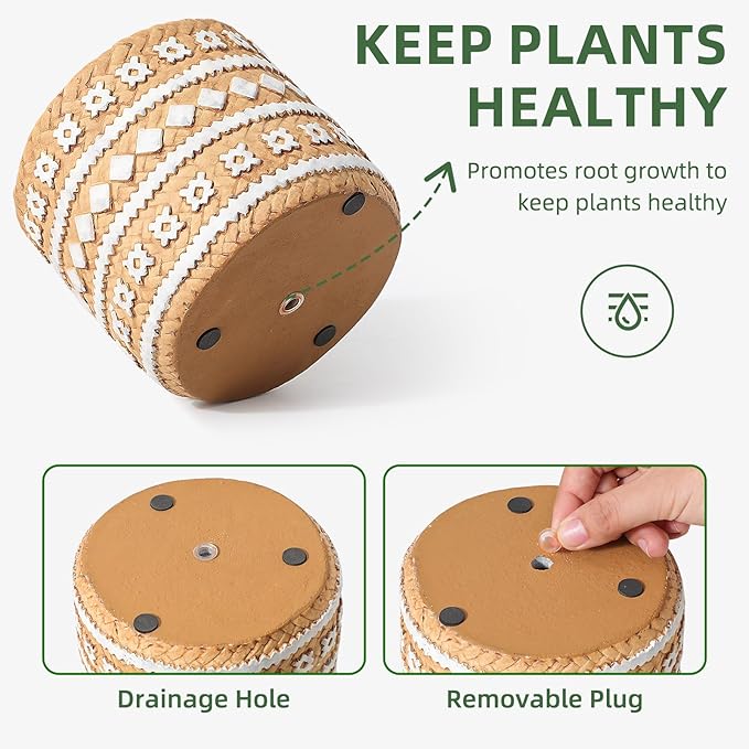 vomiceak Concrete Rattan-Style Plant Basket Planter, 5" Plant Pots Indoor Outdoor with Drainage Hole, Boho Flower Pot for Succulents, Herbs, Modern Farmhouse Decor, Ideal Gift for Plant Lovers