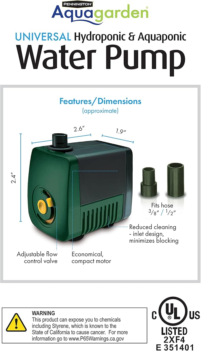 Pennington Aquagarden Aquagarden, Universal Hydroponic & Aquaponic Water Pump, Designed to Run Hydro/Aquaponic Systems, Aquariums, Fountains, Water Features, Max Flow 158 gal/hr, Max Pump Height 5’4”