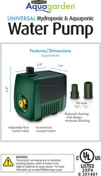 Pennington Aquagarden Aquagarden, Universal Hydroponic & Aquaponic Water Pump, Designed to Run Hydro/Aquaponic Systems, Aquariums, Fountains, Water Features, Max Flow 158 gal/hr, Max Pump Height 5’4”