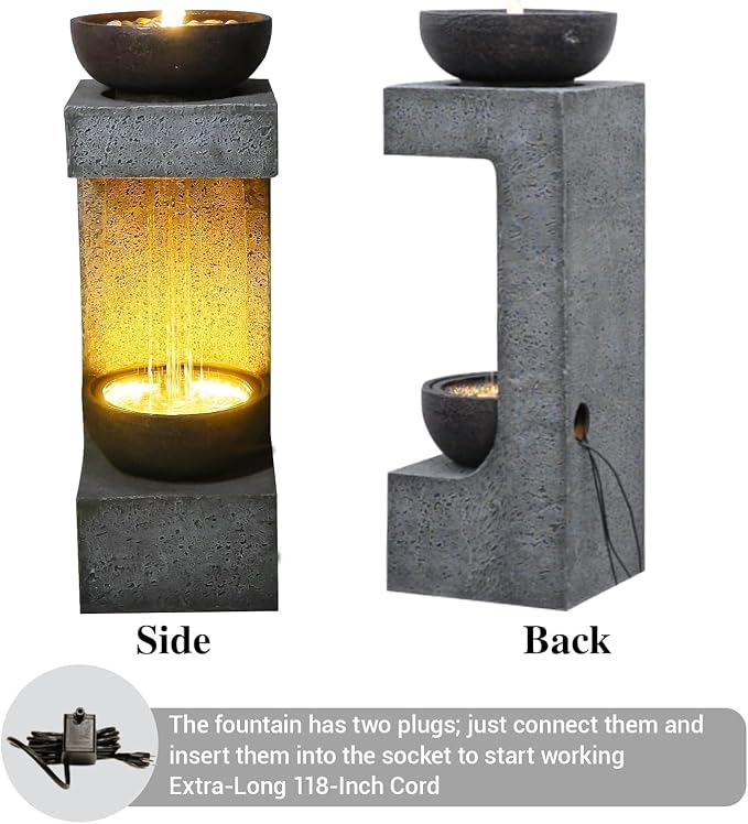 Garden Outdoor Water Fountain with LED Lights – 33.9" Resin Rain Curtain Water Feature with Bowl, Modern Freestanding Garden Waterfall Fountain for Patio, Porch, Balcony or Yard Décor, Grey