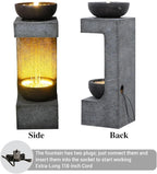Garden Outdoor Water Fountain with LED Lights – 33.9" Resin Rain Curtain Water Feature with Bowl, Modern Freestanding Garden Waterfall Fountain for Patio, Porch, Balcony or Yard Décor, Grey