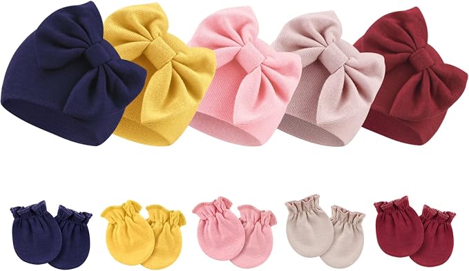 BQUBO Newborn Baby Girls Hats Mittens Set Hospital Hat Beanie Infant Bow Hats Baby Cotton Gloves for 0-6 Months
