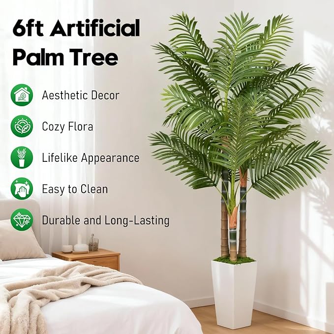 6ft Artificial Palm Tree Indoor Plant，Triple Faux Tropical Areca Floor Plant in Pot，Artificial Plants with Lifelike Leaves for Home Office Decor