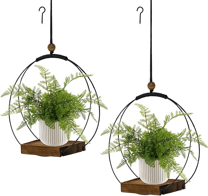 hismocal 2 Pack Hanging Planter for Indoor Plants, Black Plant Hanger with Sturdy Wood Base, Modern Boho Macrame Hanger, Wall Ceiling Window Planter (Plants/Pots Not Included)