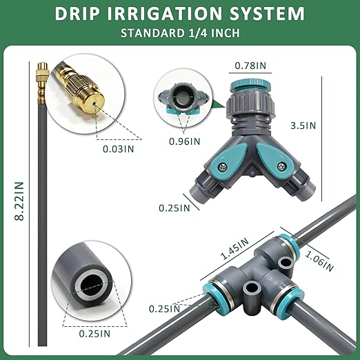 Drip Irrigation System 100FT 1/4", 360°Adjustable Garden Watering System with 16pcs Copper Nozzles, Drip Irrigation Kit for Outdoor Plants, Greenhouse Watering System