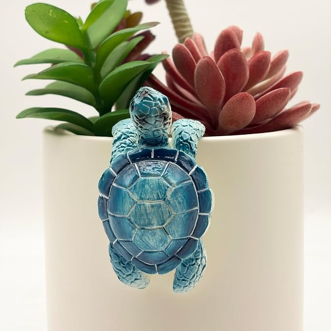 Cute Climbing Blue Sea Turtle Flower Pot Hugger Figurines, Small Resin Hanging Tortoise Statue Planter Pot Decoration for Home Garden Fence Balcony Patio Lawn Yard Ornaments